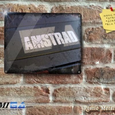 Close up photo of AMSTRAD Logo printed - Rustic - Metal Sign
